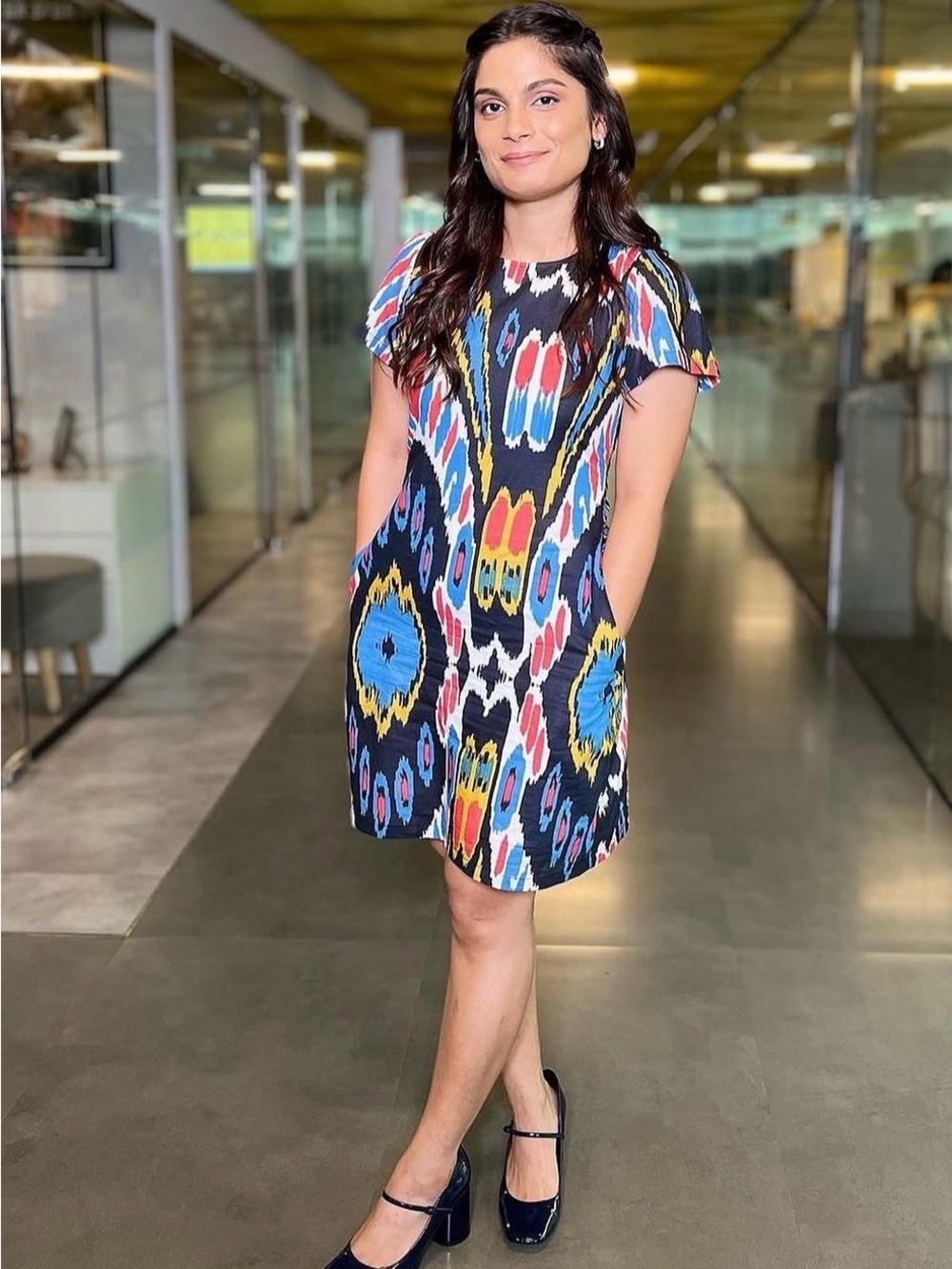 Multicolor Ikat Print Short Sleeve Shift Dress